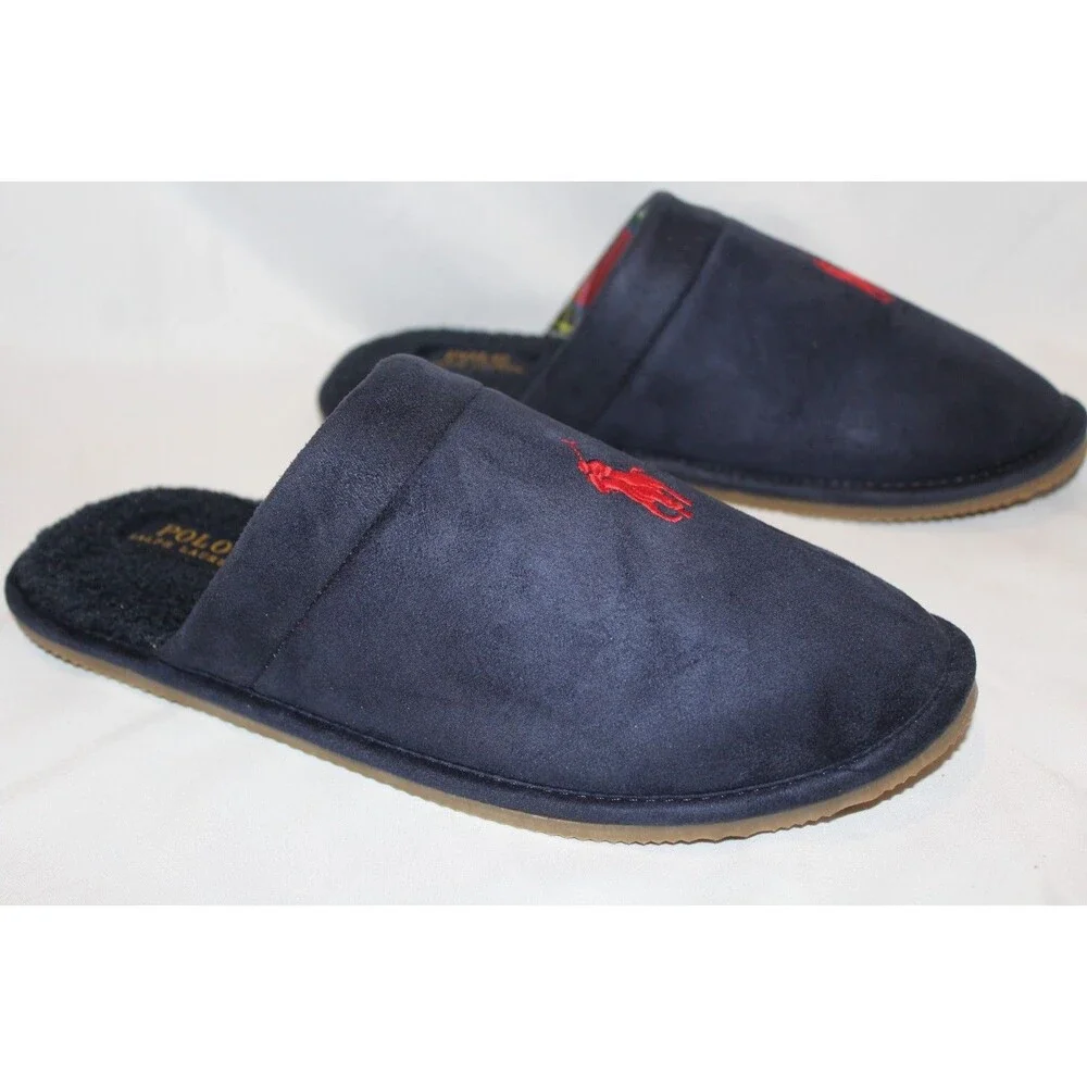 NIB POLO RALPH LAUREN MEN'S SLIP ON LOGO SCUFF HORSE SLIPPERS NAVY BLUE SZ‎ 9